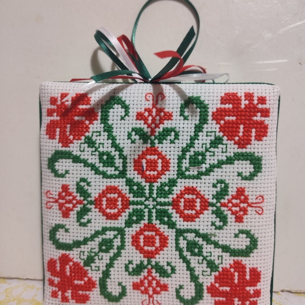 Festive Cross-Stitch Ornament with Red and Green Design